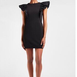 Express Ruffle Flutter Sleeve Black Shift Dress Mini Minimalist Modern Large